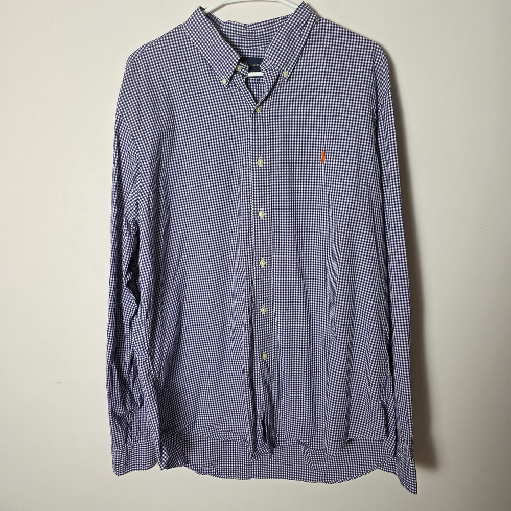 Ralph Lauren Purple Gingham Button Down Shirt Orange Pony XXL Slim Fit Cotton